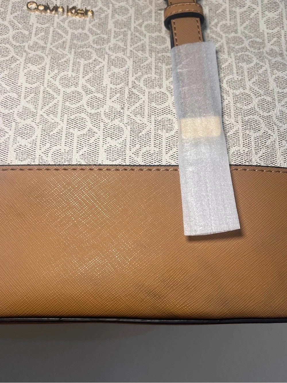 Calvin Klein Cream Monogram Tote with Tan Trim